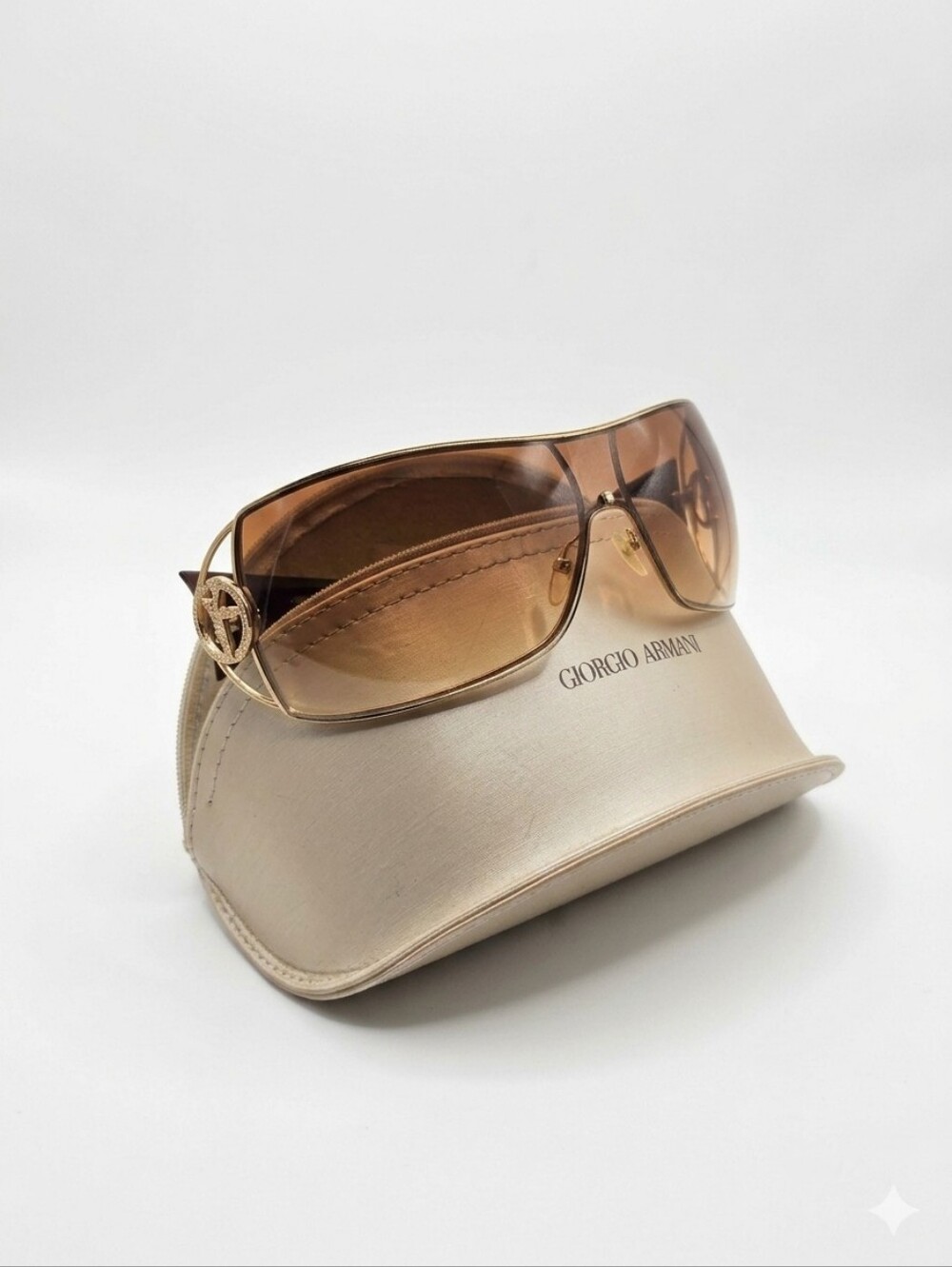 ​Giorgio Armani GA 320/S Shield Sunglasses Y2K Crystal Logo Brown Gold Vintage